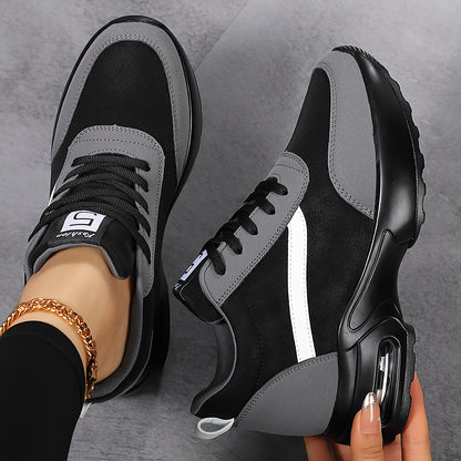 Women's Chunky Platform Casual Sneakers with Thick Cushioned Sole, Breathable Fabric Lining  Synthetic Cover Upper - Black  Grey Lace-Up Shoes for All-Season Comfort
