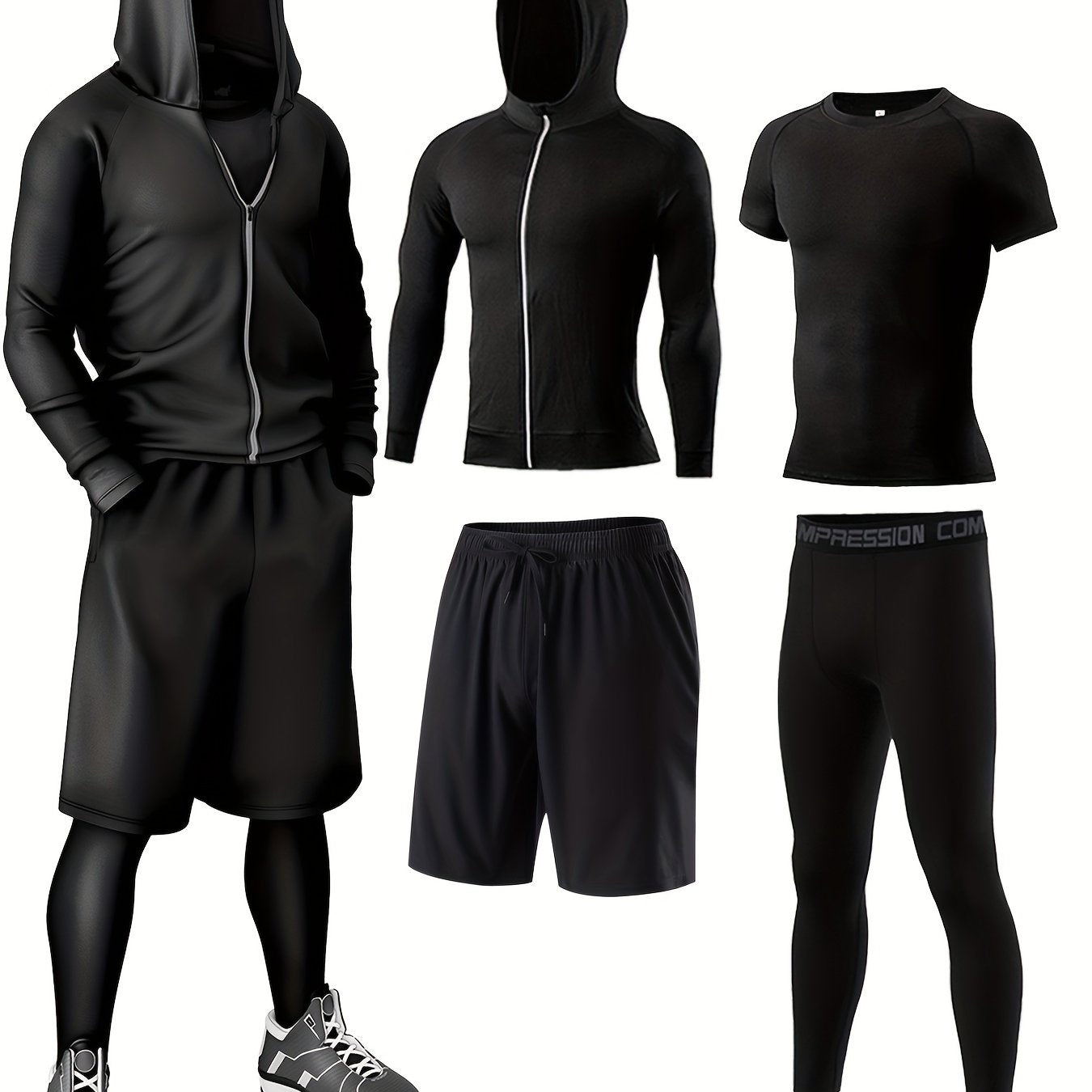 4pcs Athletic Sportswear Set, Polyester 95% Elastane 5% Knit Fabric, All-Season Crew Neck Hoodie, Skinny Fit Solid Color, Breathable Quick-Dry for Running, Fitness, Cycling & Outdoor Activities