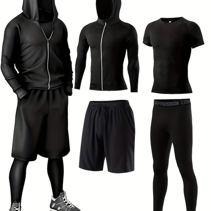4pcs Athletic Sportswear Set, Polyester 95% Elastane 5% Knit Fabric, All-Season Crew Neck Hoodie, Skinny Fit Solid Color, Breathable Quick-Dry for Running, Fitness, Cycling & Outdoor Activities