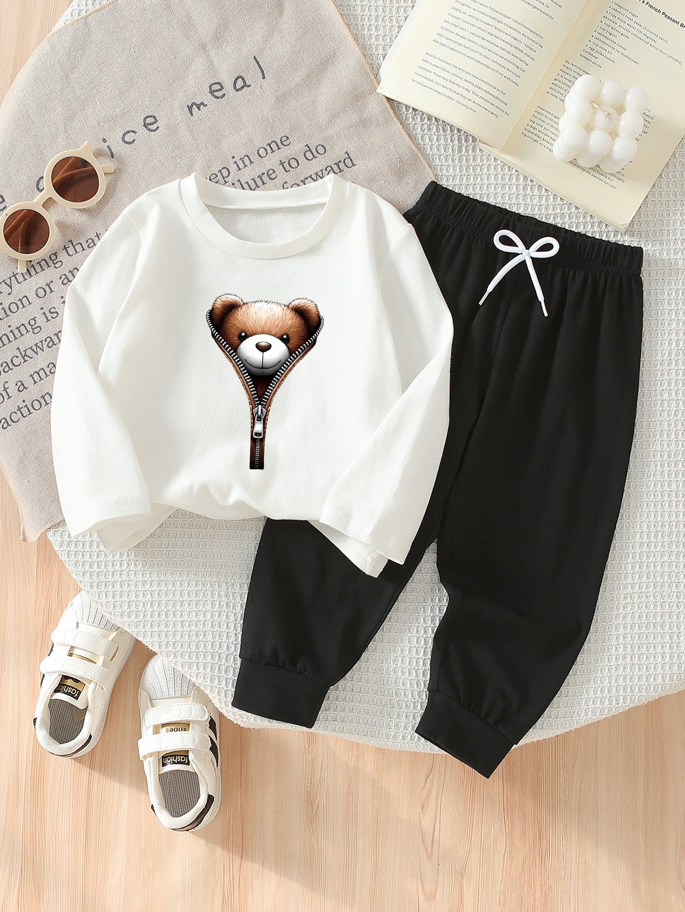 Boys' Casual Zipper Teddy Bear Print Cotton Spring Pants Set