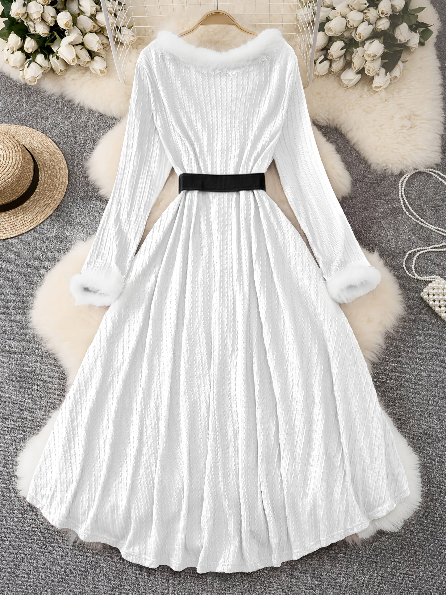 Plus Size - Plus Size, Women'S Elegant Formal Party Dress - Long Sleeve V-Neck with Adjustable Waist Belt, Flared Skirt - Elegant Evening Gown for Christmas, Galas, Weddings - Plus Size Friendly - Black Formal Attire, Formal