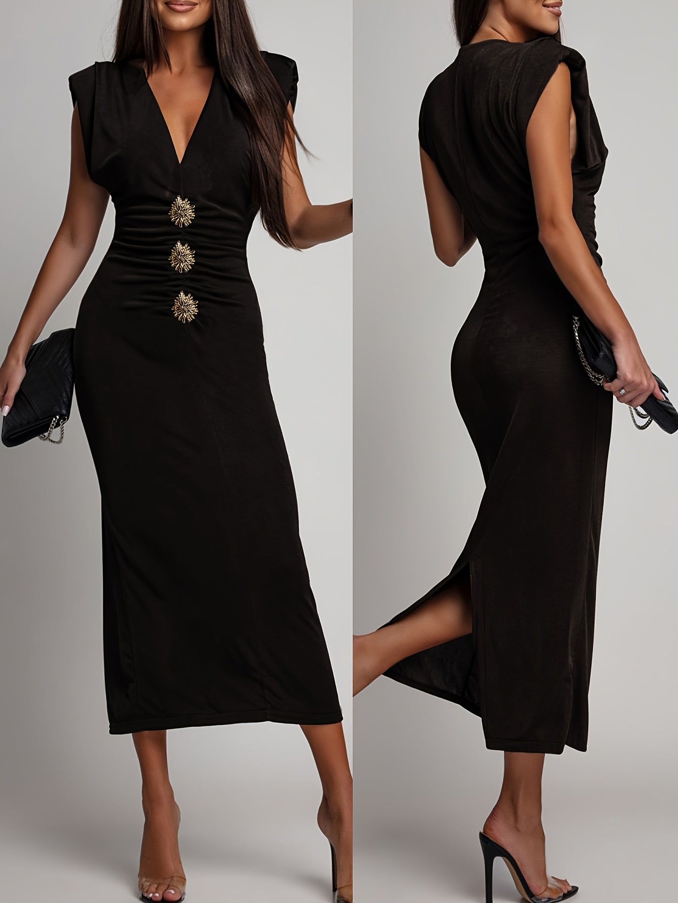 Sleeveless V-Neck Ruched Waist-Defining Metallic Midi Dress