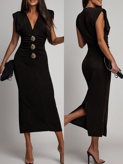 Sleeveless V-Neck Ruched Waist-Defining Metallic Midi Dress