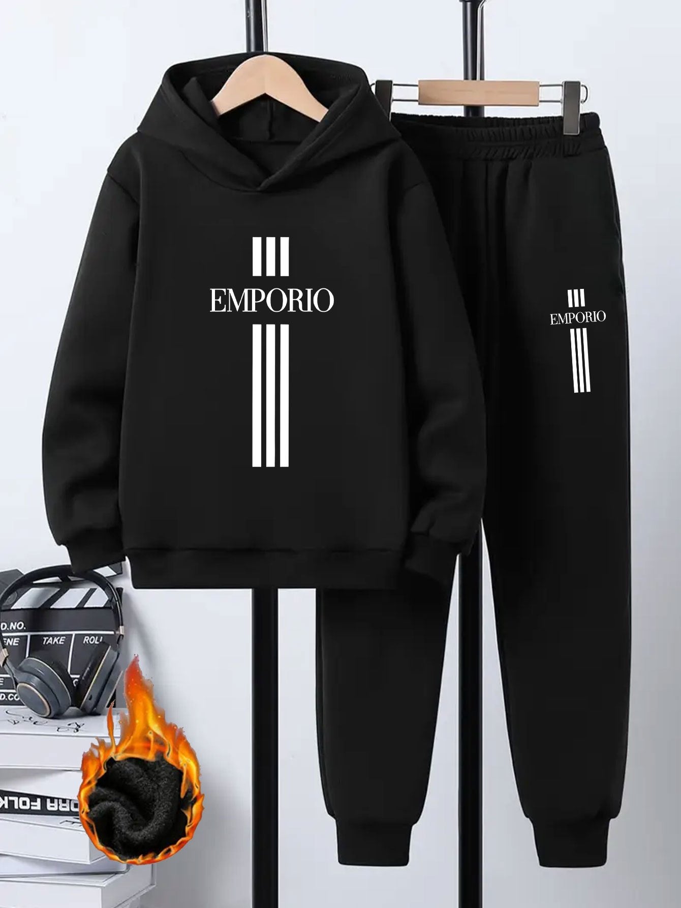 Boys' 2pcs Hoodie and Sweatpants Set with EMPORIO Print, Polyester Material, Comfortable Fit for Autumn/Winter Wear, Perfect for Daily Use and Outdoor Activities | Back-to-School Gift | Ideal for Home Sports | Essential for R