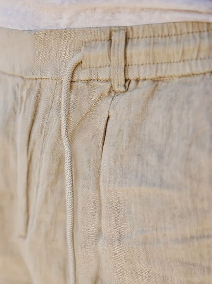 Men'S Casual Linen Drawstring Pants - Comfortable Straight Fit, Lightweight & Breathable for Beach & Outdoor Activities, Beach Casual Wear|Straight Fit Pants|Lightweight Fabric