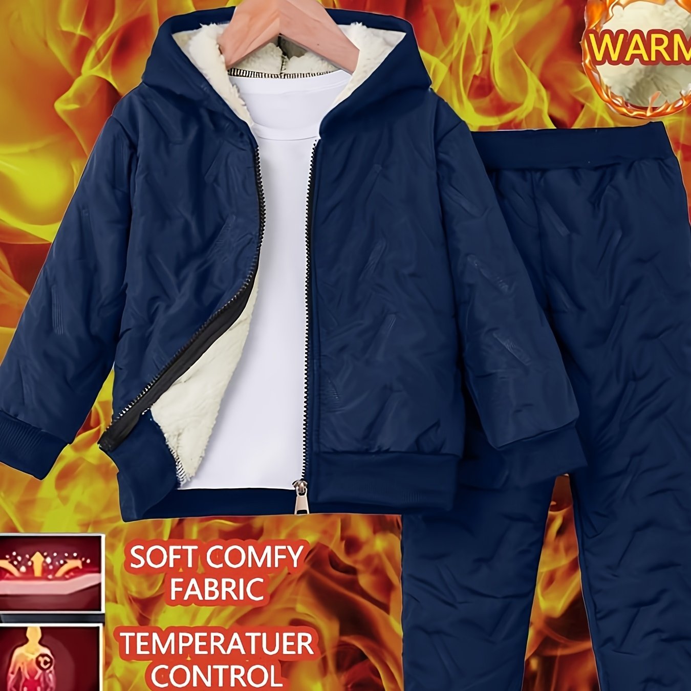 2pcs Set DREAMY DRESSES Boys' Winter Thermal Hooded Jacket & Pants Set - Full-Zip Outfit, Soft Flocked Inner, Warm Full-Body, 2pcs Snow Suit for Skiing, Outdoor Play & Cold Weather (Hand Washable,, Perfect for Outdoor
