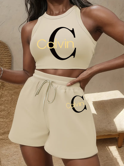 Women's Casual Two-Piece Set with Graphic Print Vest & Shorts