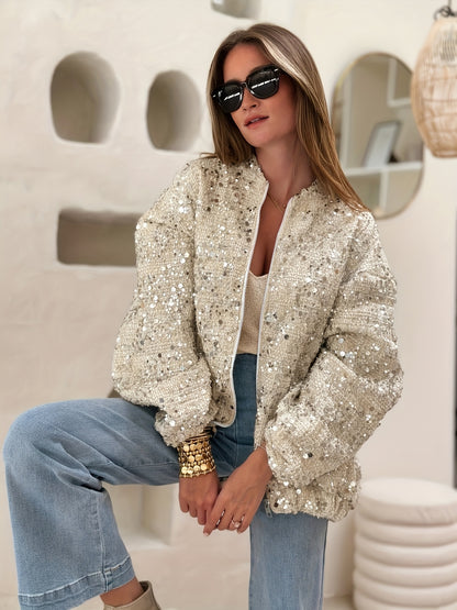 Women's Elegant Tweed Sequined Jacket - Stand Collar Long Sleeve Zipper Front H-Silhouette Coat for Autumn Winter Parties & Outings, Machine Washable