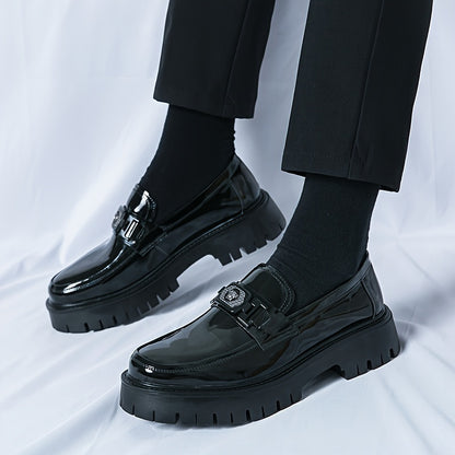 Men'S Black Soft Patent Platform Chunky Heel Loafers Fashion Tassel Business Casual Formal Work Shoes Non-Slip Lug Sole Slip-On Penny Loafers