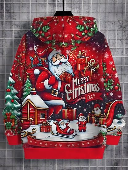 Men'S 3D Digital Print Hoodie - Festive Santa Claus & Christmas Tree Design, Red Casual Pullover with "Merry Christmas" Text, Long Sleeve, Regular Fit, Perfect for Holiday Celebrations, Christmas Hoodie