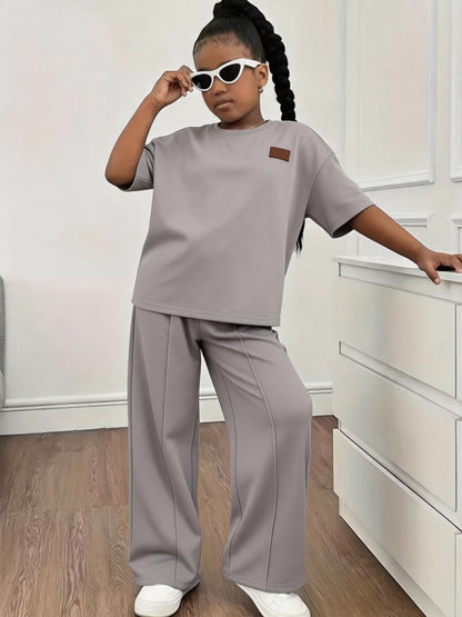Girls' Casual Summer T-Shirt & Wide-Leg Pants Set Polyester