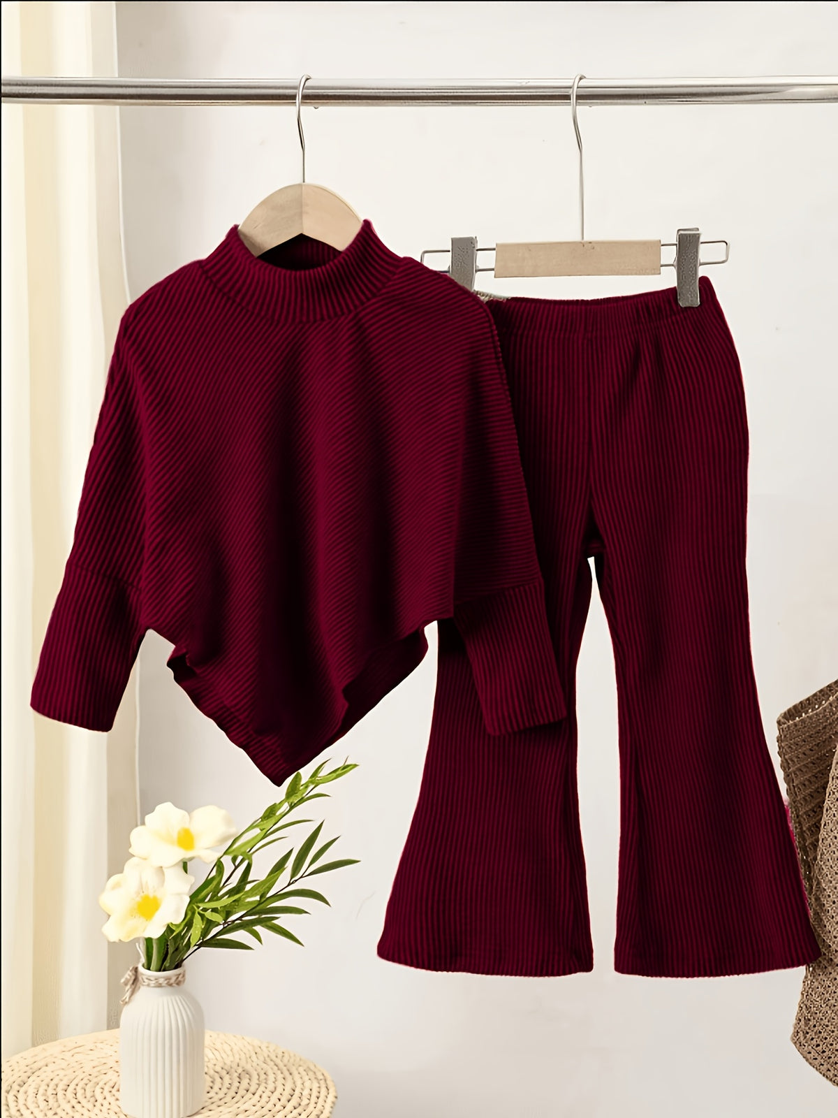 Girls' Fall/Winter Ribbed Pullover & Flared Pants Set - ayq