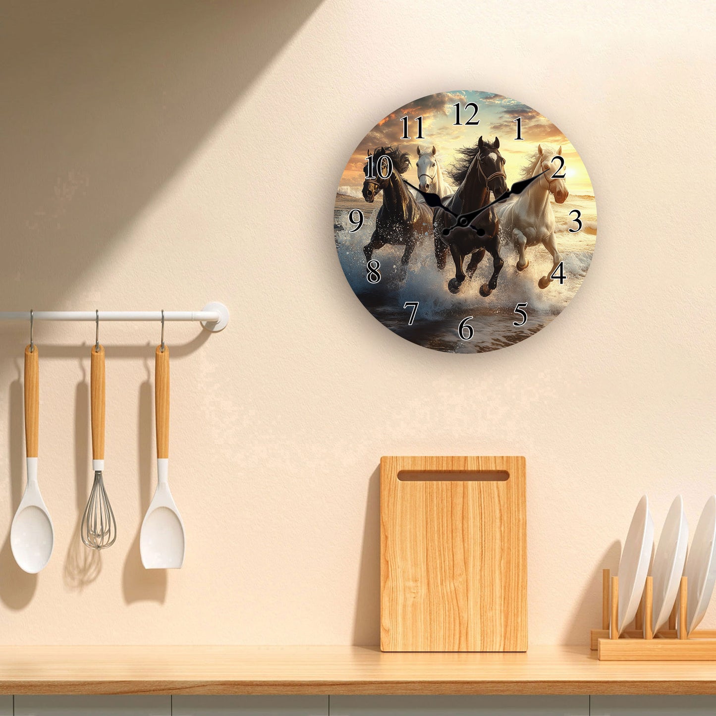 One piece, wooden wall clock with running horses pattern design, modern wall aesthetic decorative art wall clock, silent, suitable for living room, bedroom, kitchen, office decoration, home decoration, ideal Christmas, New Ye