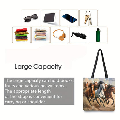 Dynamic Horse Print Handbag - Large Capacity, Durable Polyester Handbag with Fixed Black Strap for Work,, Shopping - 39.98x34.9cm