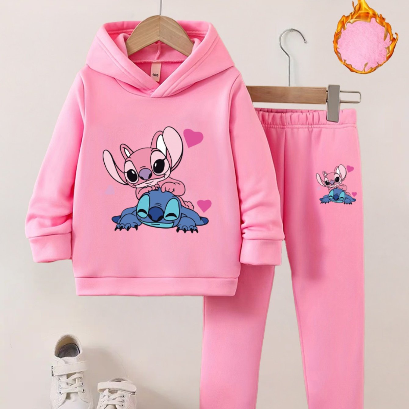 Series Stitch Girls' Two-Piece Autumn Winter New Hoodie Set - Available in Multiple Colors, Cartoon Print Embellishments, 3-10 Years Old, Outdoor Activity Fleece, for Outdoor, Thick