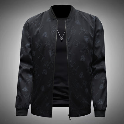 Men's Fashion Bomber Jacket Spring/Fall Collection, Casual Alphabet Print Polyester Jacket with Zipper, Baseball Collar, Long Sleeve, Regular Fit, Non-Stretch Woven Fabric, Casual Outfit with Pocket