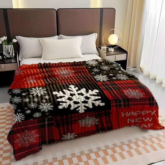 1pc Sdoo New Year Snowflake Red & Black Plaid 2D Printed Milk Fleece Blanket - Soft Warm All-Season Throw for Bed, Sofa, Office, Travel, Hiking, Fishing - Machine Washable, Versatile Gift for Home & Outdoor Use, Cozy Home Acc