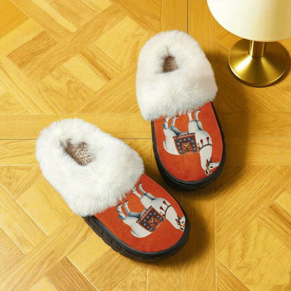 Unisex Winter Print Snow Slippers - Round Toe Warm /Outdoor House with Alp for men & Women, Cozy Sole & Soft Fabric Upper, Ideal Christmas/New Year Gift (Orange Animal Design)