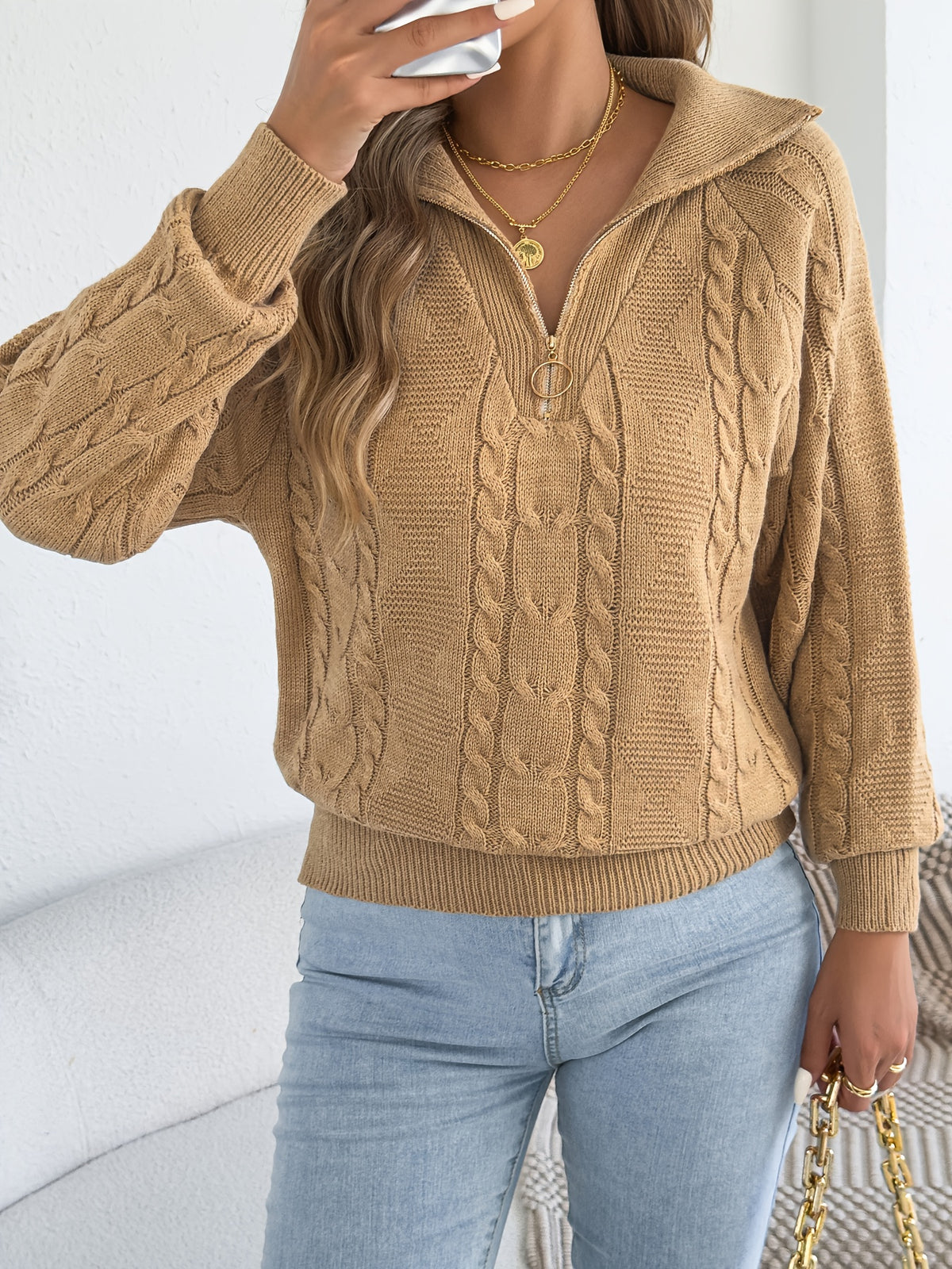 Women's Fall Winter Pullover Sweater with Zipper Lapel