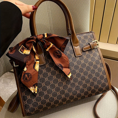 Created-Rubynet Large Handbag with Greek Key & Bow Design - Deep Brown Handbag, Golden-Tone Hardware, Fashion Bag for Ladies, Fashion Bags, Round Handbag, Fashionable Bags, Handbags Aesthetic, Large Soft Purse, Rectangular Ha