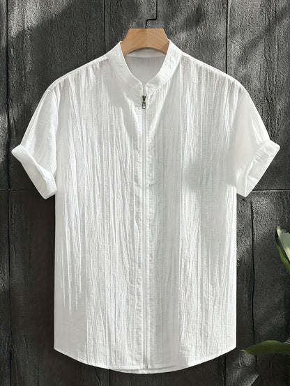 Men's Casual Elegant Short Sleeve Zipper Shirt with Stand Collar