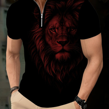 Men's Zip Shirt Short Sleeve Summer Trendy Lion Print Collar T-Shirt Business Casual Slim Fit Men's Top Women's Clothing