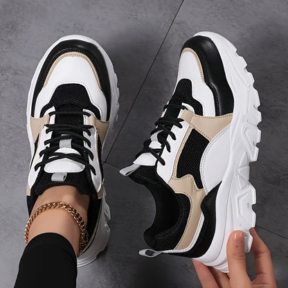 Women's Breathable Mesh Chunky Sneakers - Lightweight Casual Dad Shoes with Soft EVA Sole, White  Golden Accents, Black  Golden Design, Perfect for Running, Travel  Casual Attire