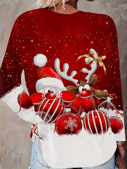 Women's Christmas Long Sleeve T-Shirt - Red & White Santa Reindeer Candy Cane Snowflake Print Sweater-like Top, Round Neck Casual Holiday Party Outfit, Machine Washable Winter Blouse (All-Season Wear), Christmas Clothes Women