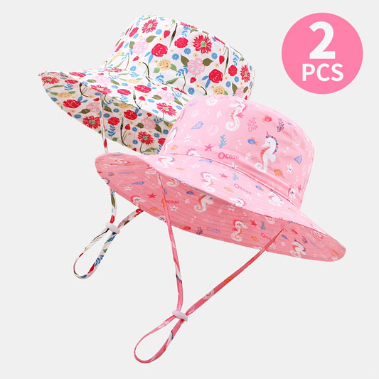 Girls' Floral Wide Brim Bucket Hats with Windproof Cord - 2pcs
