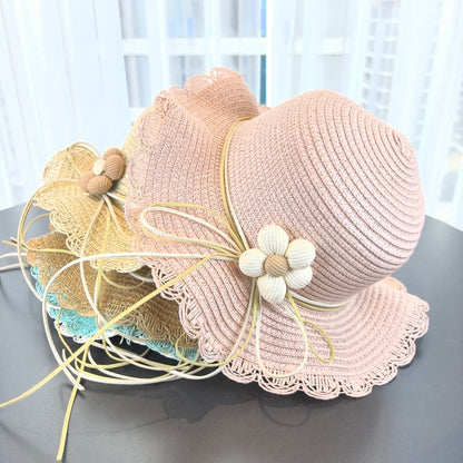 Kids' Paper Straw Hat with Lace Trim & Flower, Adjustable Strap