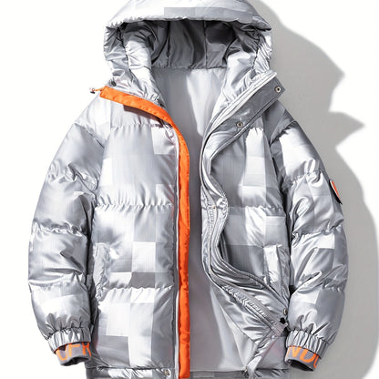 Men's Checkered Graphic Print Padded Outwear With Pockets, Casual Zip Up Long Sleeve Warm Hooded Outwear For Winter Outdoor Activities