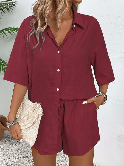 Elegant Solid Color Polo Shirt and Shorts Set for Spring/Summer