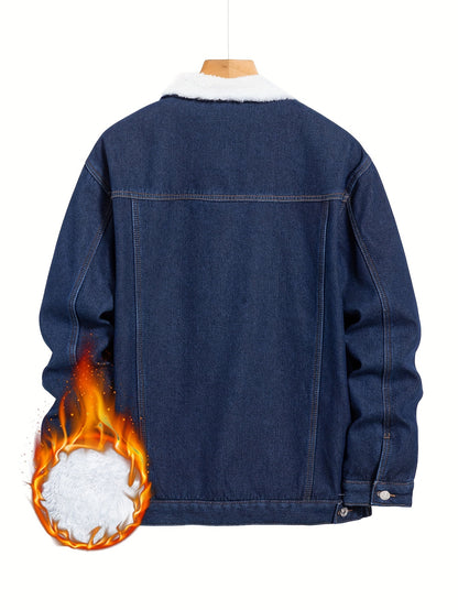 Men's Casual Warm Fleece Lined Denim Jacket, Chic Street Style Button Up Jacket for Fall Winter