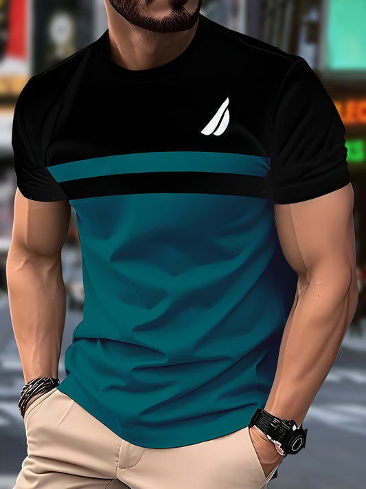 Men'S Novelty T-Shirt - Black  Teal Color Block Design, Casual Crew Neck, Short Sleeve, Regular Fit, Polyester Fabric, Perfect for Casual Attire, Novelty T Shirt