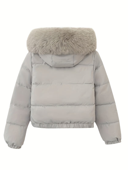 Women'S Winter Coat with Removable Faux Fur Hood - Thickened Loose Fit Long Sleeve Jacket, Zippered Pockets & Button Front, Casual Solid Color Outerwear for Cold Weather, Cozy Warmth, Buttoned Closure, Durable Fabric