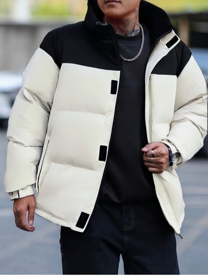 Men's Winter Color-Block Jacket with Stand Collar - Black & Casual Outdoor Warm Coat, Polyester-Filled Zipper Front, Regular Fit for Cold Weather, No Stretch Fabric