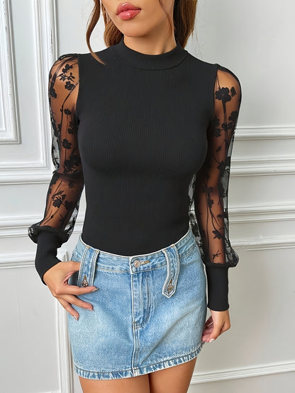 Targeted Elegant Mesh Splicing Sleeve Women's T-Shirt