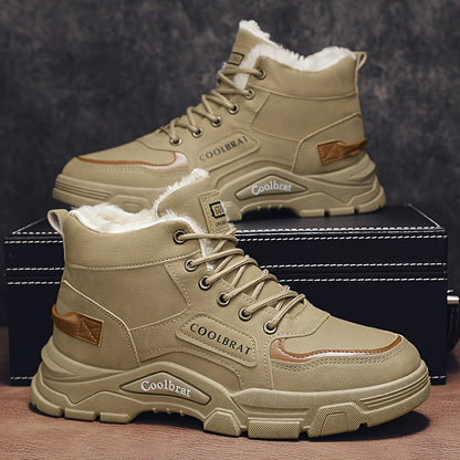Men's Mid-Calf Winter Boots with -Like Collar & Plush - Heavy-Duty PU Upper, PVC Sole, Lace-Up Ankle for, Outdoor, Casual & Gym - Beige/Tan (Warm Cold Weather Trekking Shoes)