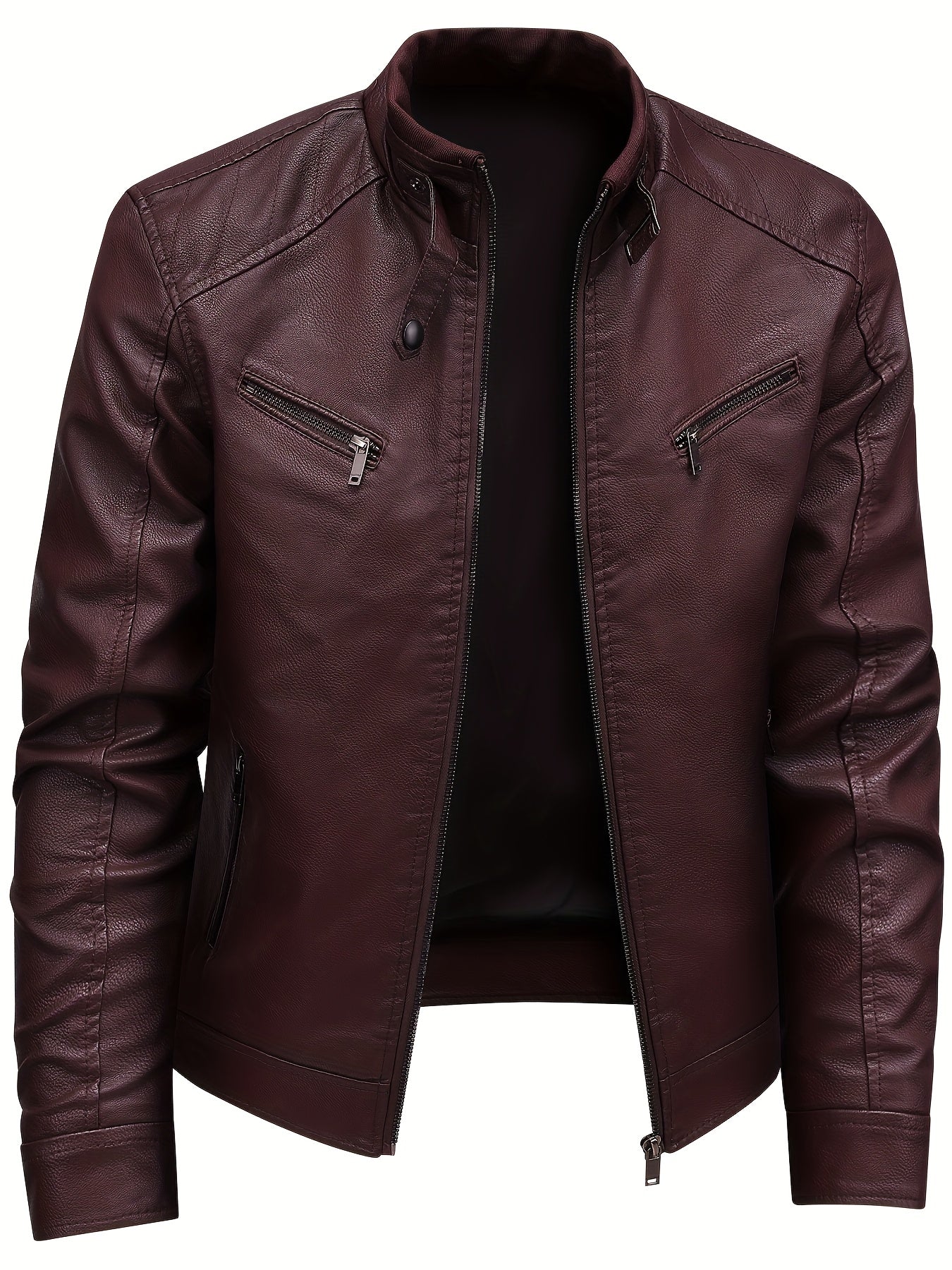 Men's Stylish Burgundy Jacket - Fall/Winter Trendy Stand Collar Biker Jacket with Multiple Zippered Pockets, Casual Design for Casual Attire, Fall Jacket | Modern Casual Jacket | Glossy Finish Jacket