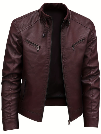 Men's Stylish Burgundy Jacket - Fall/Winter Trendy Stand Collar Biker Jacket with Multiple Zippered Pockets, Casual Design for Casual Attire, Fall Jacket | Modern Casual Jacket | Glossy Finish Jacket