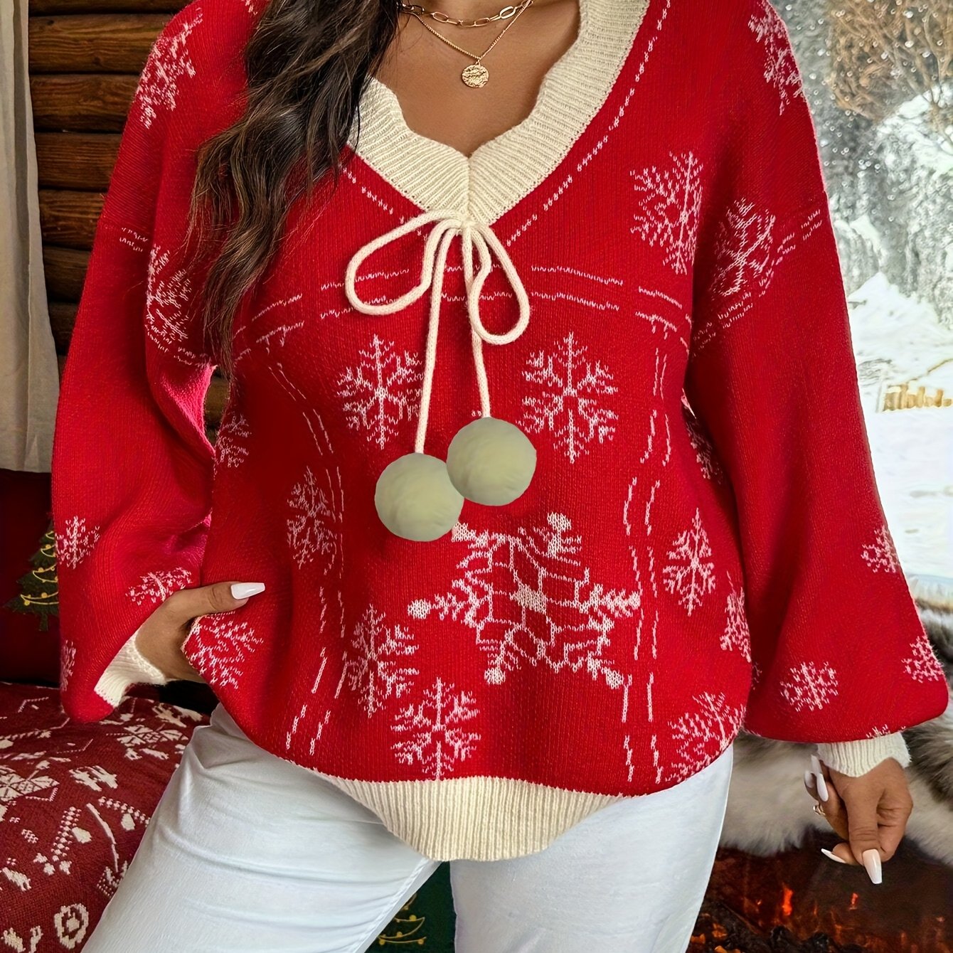 QD0915240 Women's Christmas Snowflake Lazy Loose Top, Casual Elegant Vacation Style, Autumn and Winter