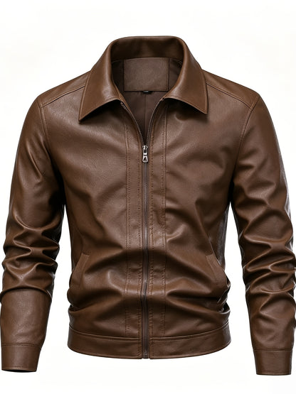 Men's Casual Lapel Zip-Up Jacket Lightweight PU Outerwear