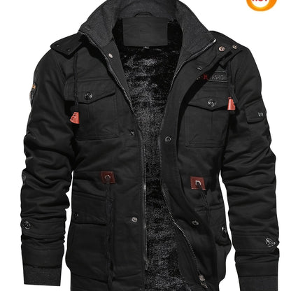 Men'S Winter Fleece-Lined Military-Style Jacket - Thickened Zip-Up Coat with Large Pockets, Olive Green Casual Winter Coat for Outdoor Activities, Winter Coats, Durable Fabric Coat