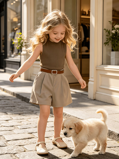 Girls' Summer Two-Piece Ribbed Vest & High-Waisted Shorts Set