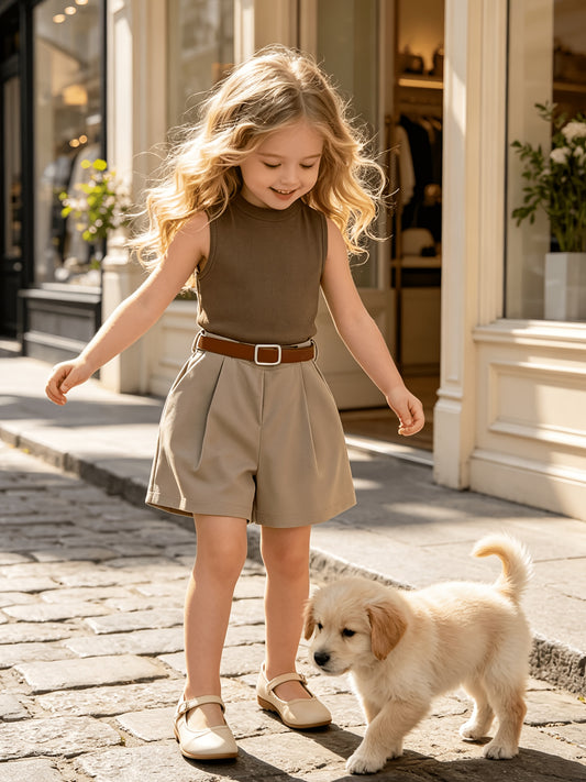Girls' Summer Two-Piece Ribbed Vest & High-Waisted Shorts Set