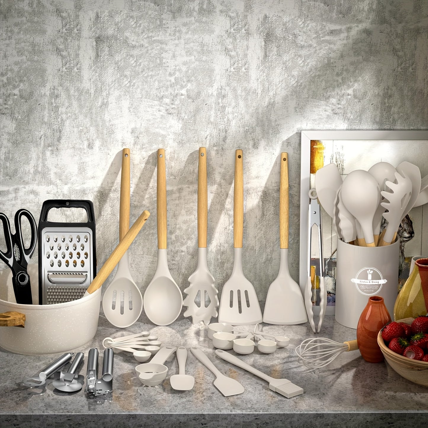 44pcs Set of Wooden Handle Silicone Non-stick Cookware Wooden Handle Cooking Spatula Spoon Stainless Steel Grater Bottle Opener Kitchen Cooking Tool Set