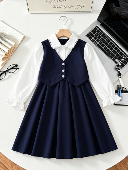 Girls' Preppy 2-in-1 School Uniform Dress with Lace Vest