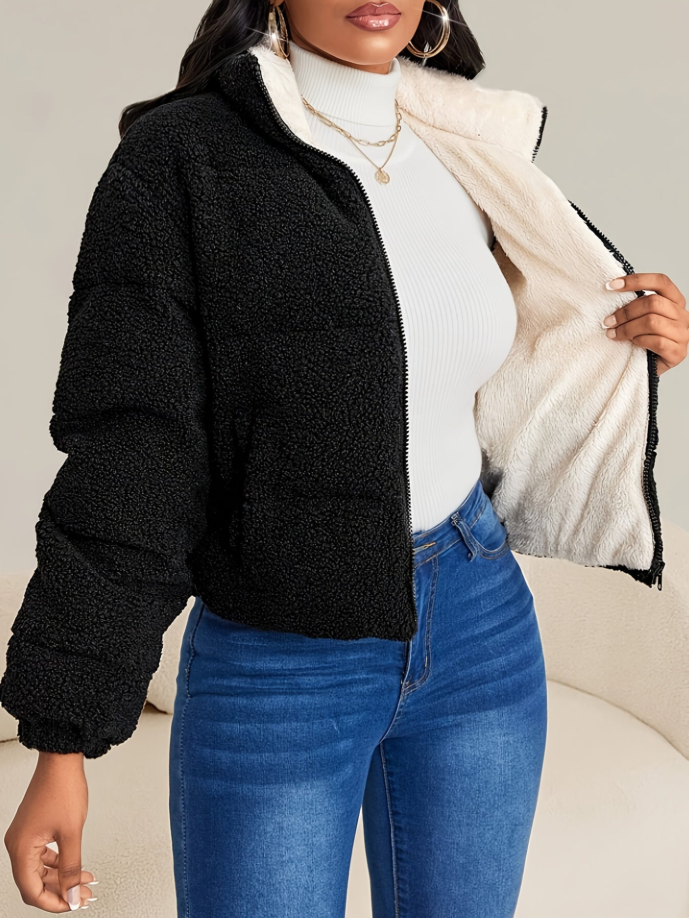 Women's Winter Warm Faux Fur Coat with Plush Lining - Full-Zip Long Sleeve Solid Black Jacket, Machine Washable Casual Outerwear for Cold Weather, Faux Fur Collar & Plush Lining, Versatile Everyday Coat