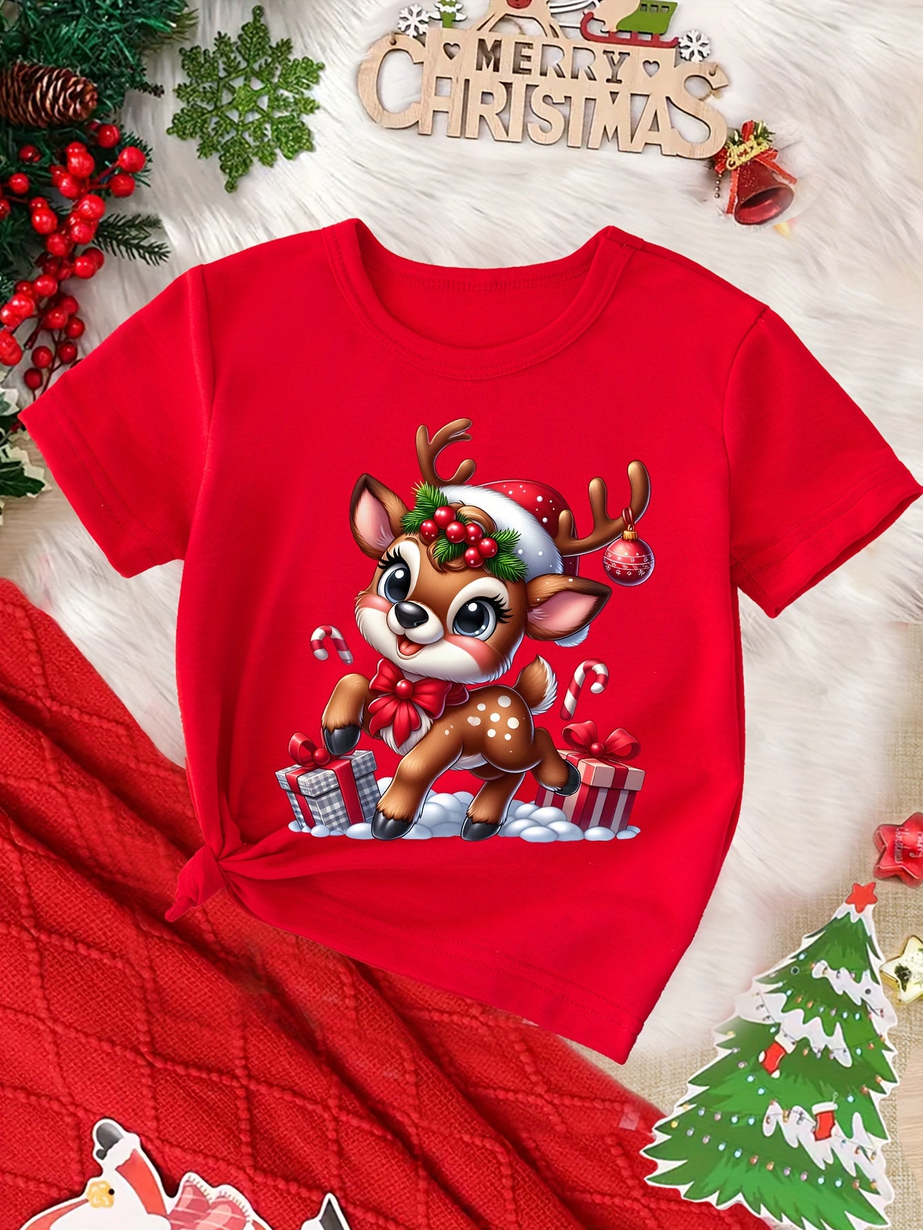CHICFULL Girls' Red Christmas Deer & Candy Cane Print T-Shirt - Soft Knit Short Sleeve Round Neck Top with Smiling Deer & Holly Bow Design, Machine Washable Winter Party Outfit for Holiday Celebrations, New Year's Eve & Casua