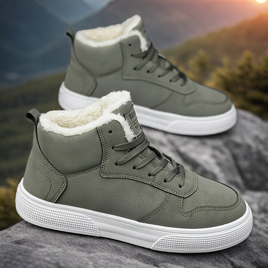 Men's Mid-Top Lace-Up Boots with Warm Plush Lining for Comfortable Winter Outdoor Street Walking and Strolling, Winter Boots